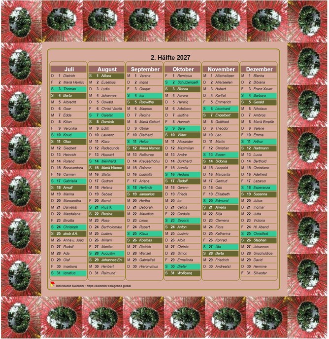 Kalender 2027 Halbjahres-Deko in Spalte, mit Bilderrahmen, Hochformat