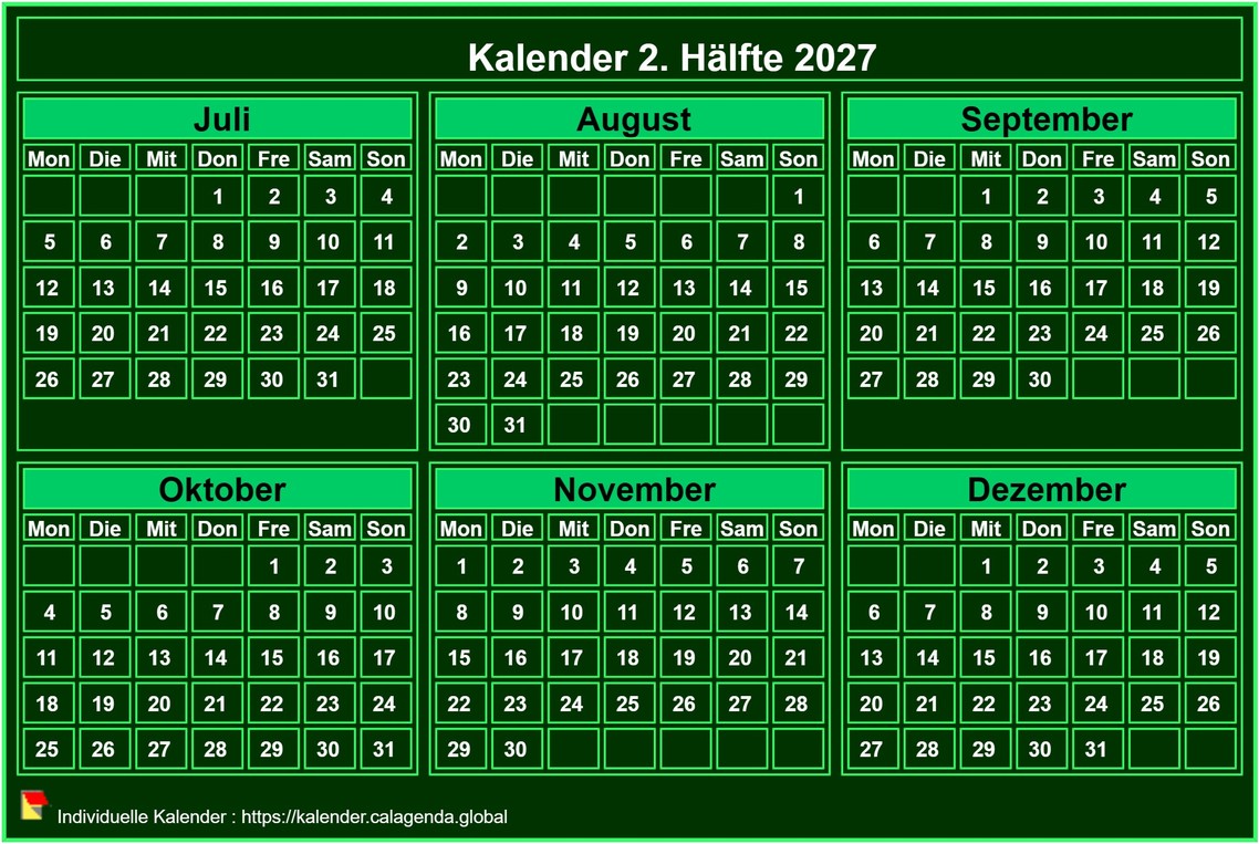 Kalender 2027 zum Ausdrucken, Halbjahr, kleines Taschenformat, grüner Hintergrund