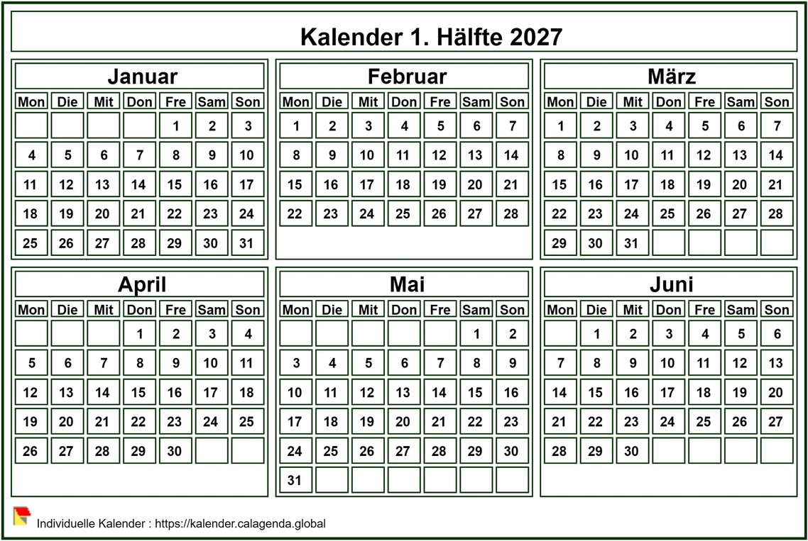 Kalender 2027 zum Ausdrucken, Halbjahr, kleines Taschenformat, weißer Hintergrund