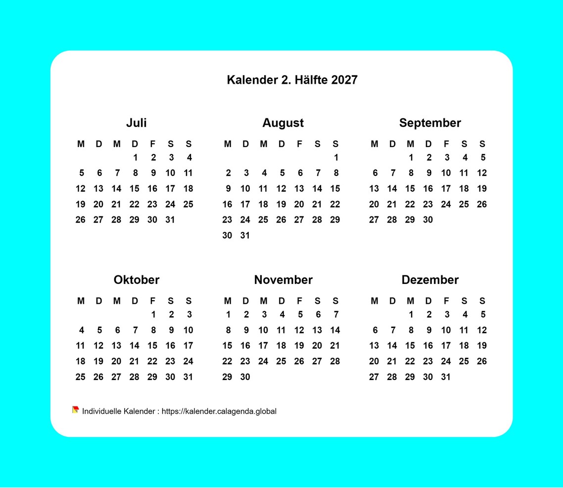 Kalender 2027 Halbjahr mit Rand