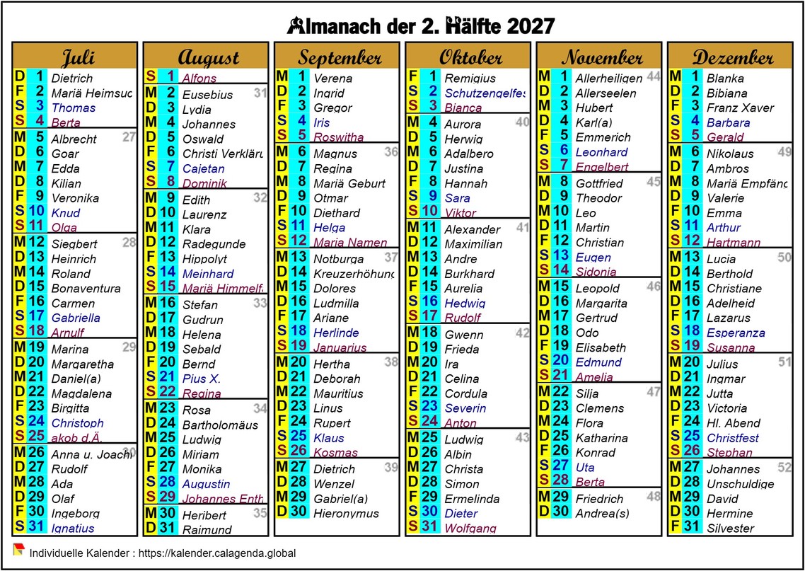 Kalender 2027 Halbjahr sechsspaltig im Querformat