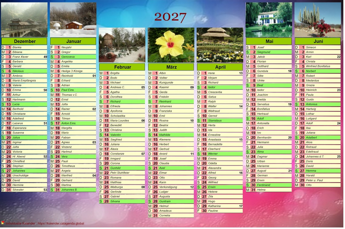 Siebenmonatskalender 2027 mit Fotos