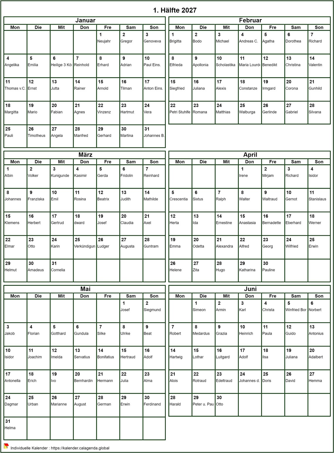 Kalender 2027 zum Ausdrucken Halbjahr, Format Hochformat