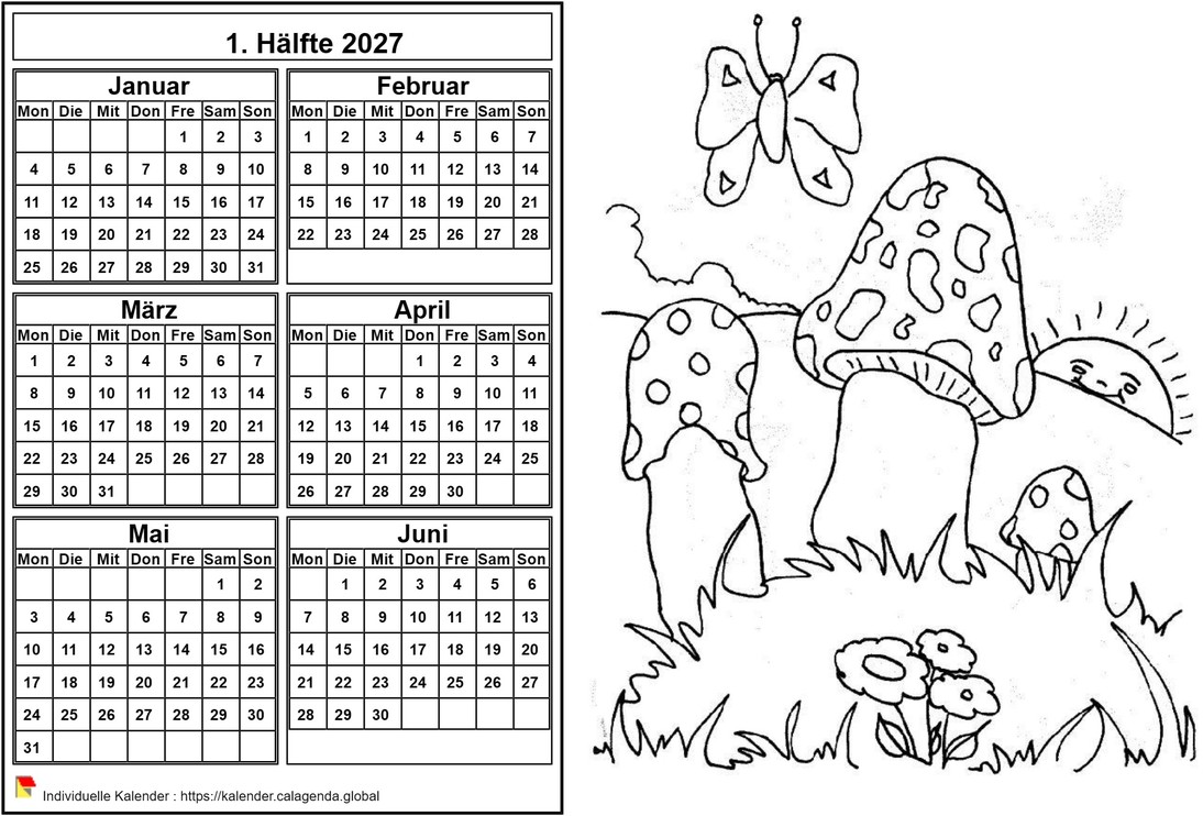 Kalender 2027 zum Ausmalen Halbjahr, Format Querformat, für Kinder