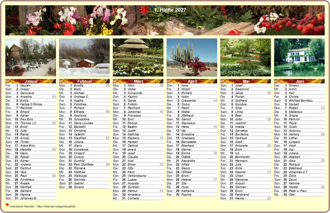Kalender 2027 Halbjahr in Spalten mit jedem Monat einem anderen Foto