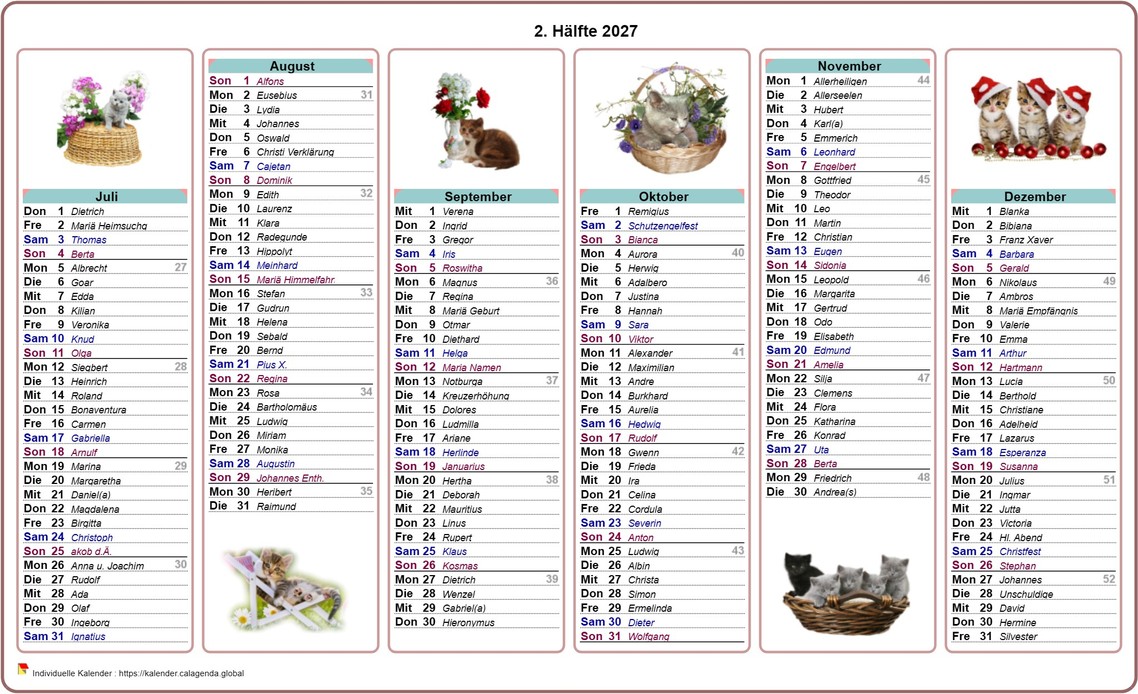 Kalender 2027 Halbjahreskatzen