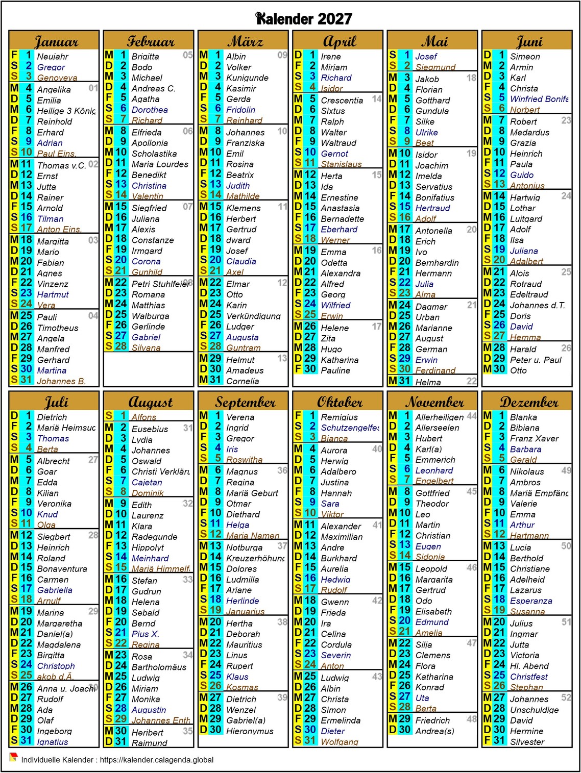 Kalender 2027 sechsspaltig jährlich im Hochformat