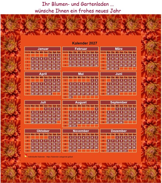 Kalender 2027 jährlich zum Ausdrucken, 3 Spalten, 4 Zeilen