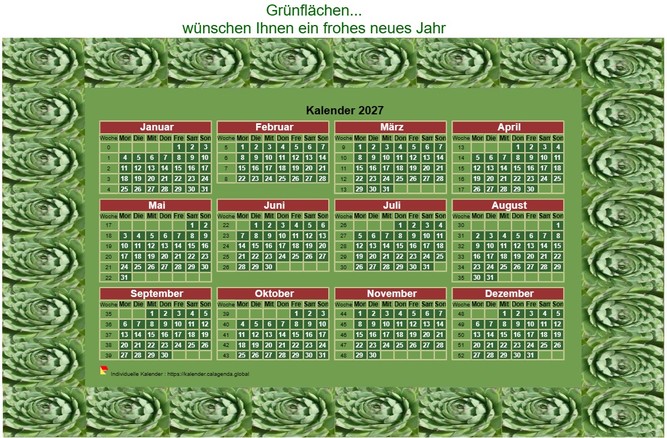 Kalender 2027 dekorativer Jahreskalender zum Ausdrucken, mit Rahmen Foto grün