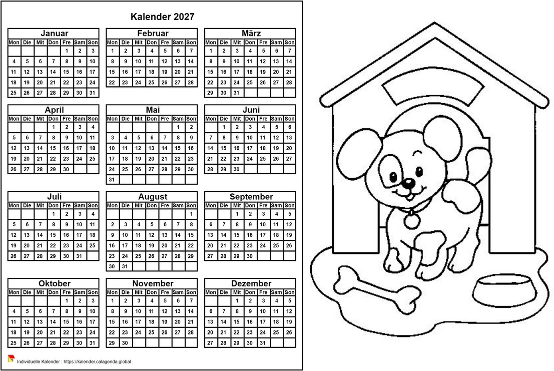 Kalender 2027 zum Ausmalen, Jahreskalender, Querformat, für Kinder