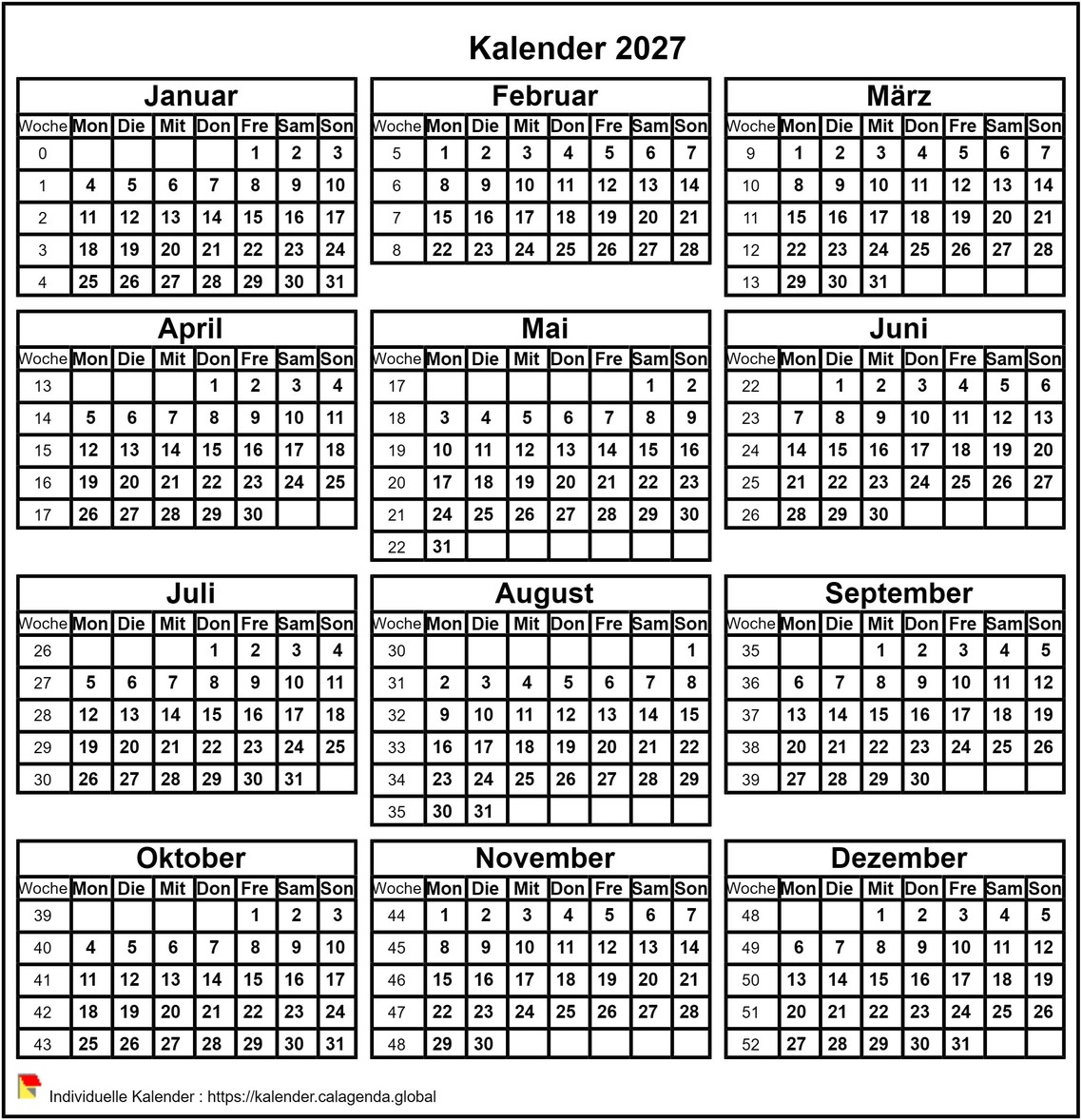 Kalender im 2027-Format im Hochformat