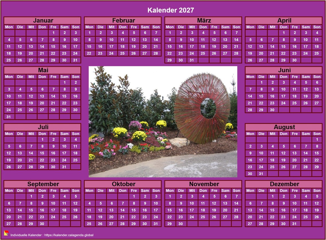 Kalender 2027 Fotojahreskalender zum Ausdrucken, rosa Hintergrund, Querformat, Tisch oder Wand