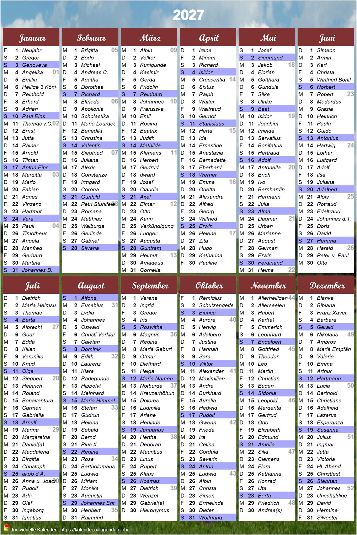 Jahreskalender 2027 zum Ausdrucken im Hochformat