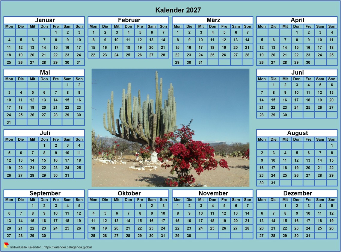 Kalender 2027 Foto-Jahreskalender zum Ausdrucken, Hintergrund Cyan, Format Querformat, Tisch oder Wand