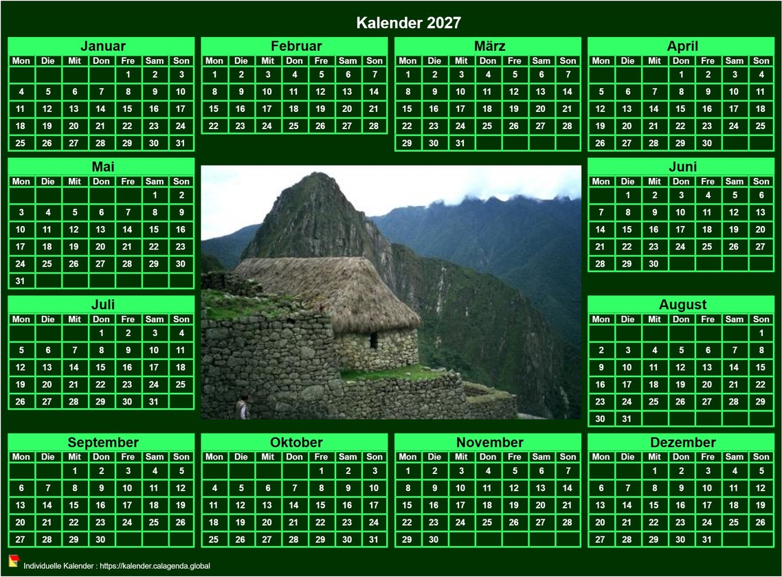 Kalender 2027 Fotojahreskalender zum Ausdrucken, Querformat, grüner Hintergrund