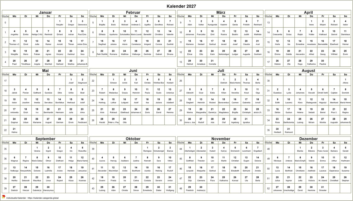  2027 Jahreskalender zum Ausdrucken, Format Querformat, Tisch oder Wand