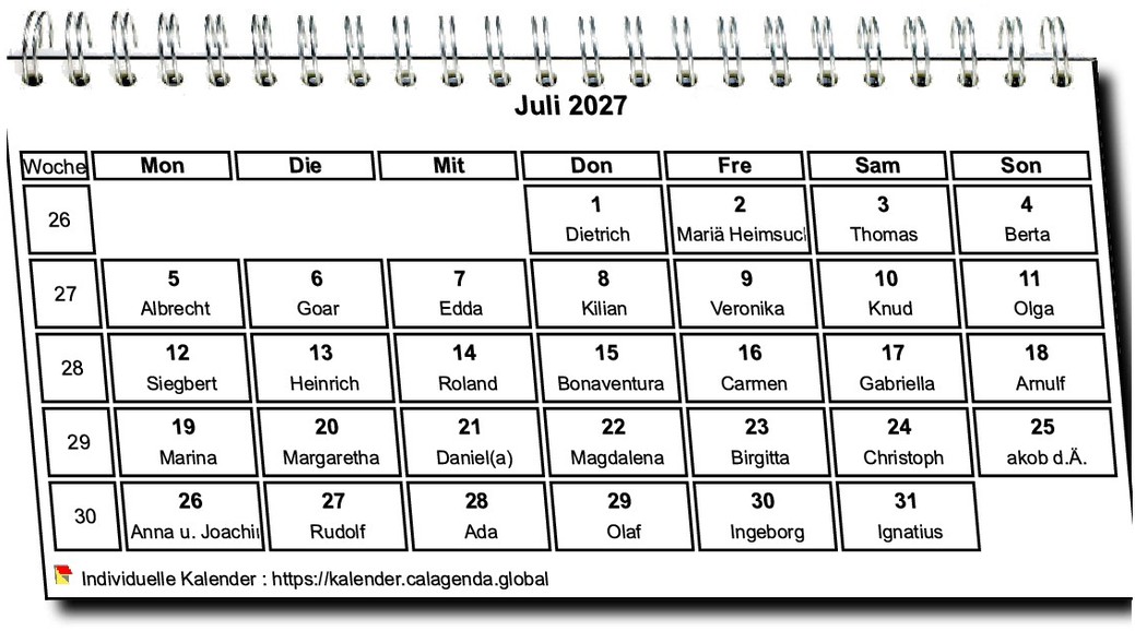 Kalender monatlich 2027 in Spiralen