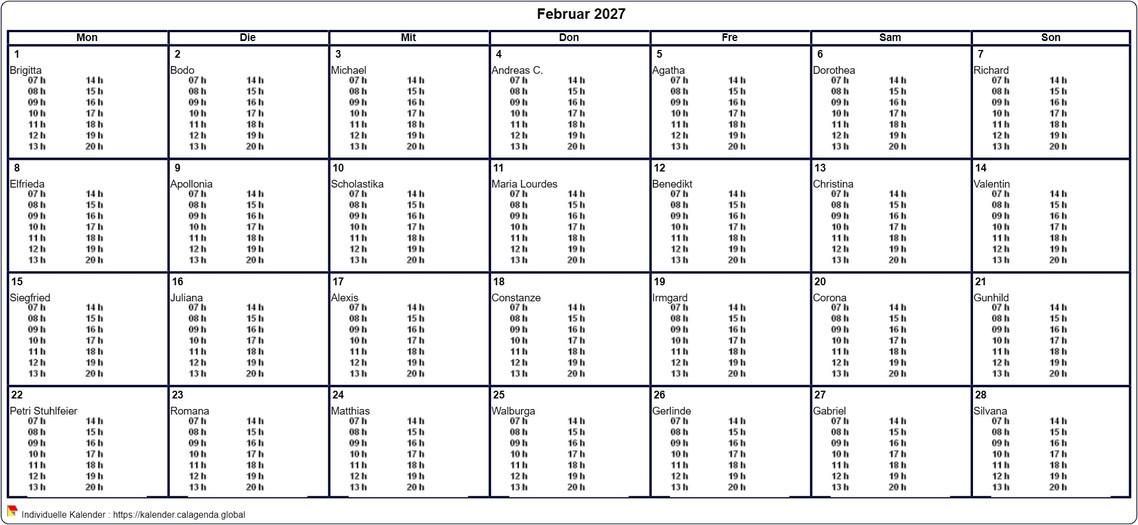 Kalender monatlich 2027 zum Ausdrucken, mit Stundenplänen in jeder Box
