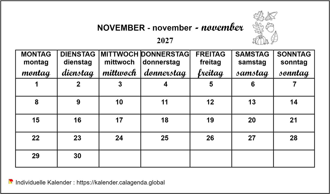 Kalender monatlich 2027 Mutterschafts- und Grundschulkalender