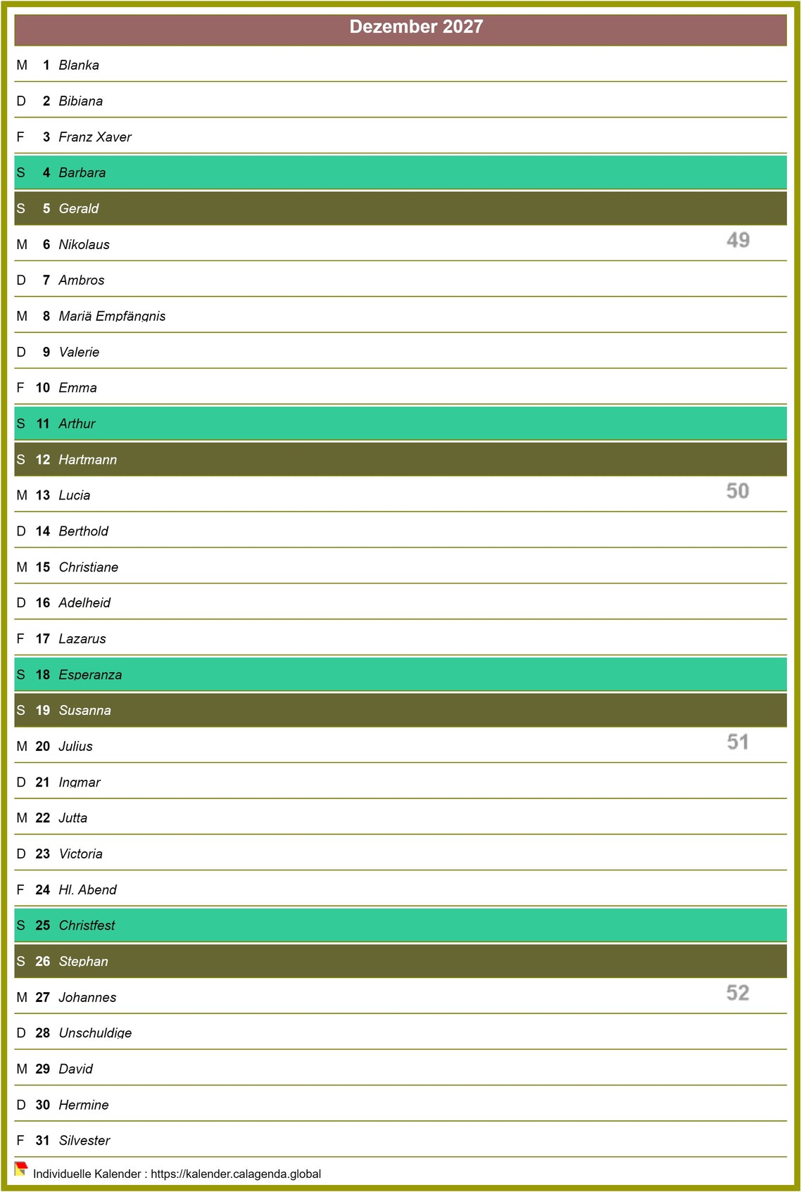 Kalender monatlich 2027 in der Spalte