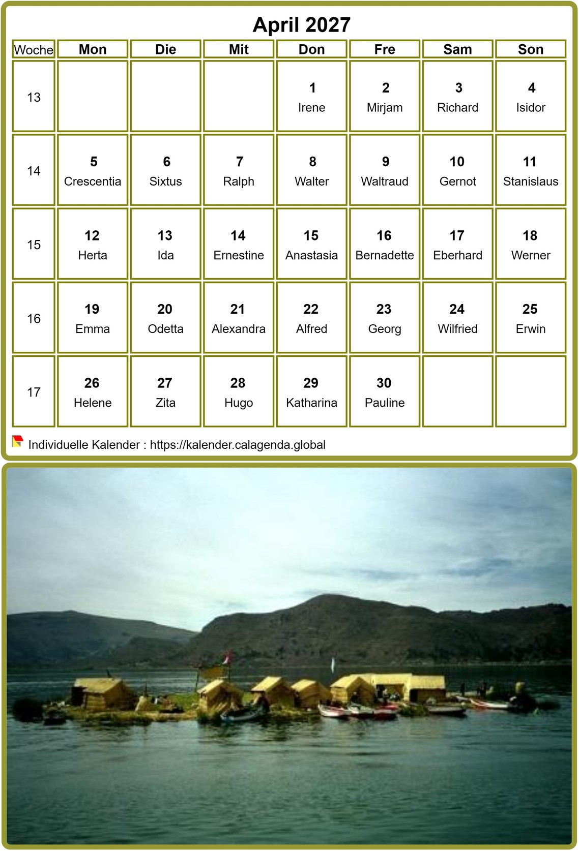 Kalender monatlich 2027, Tabelle mit Foto