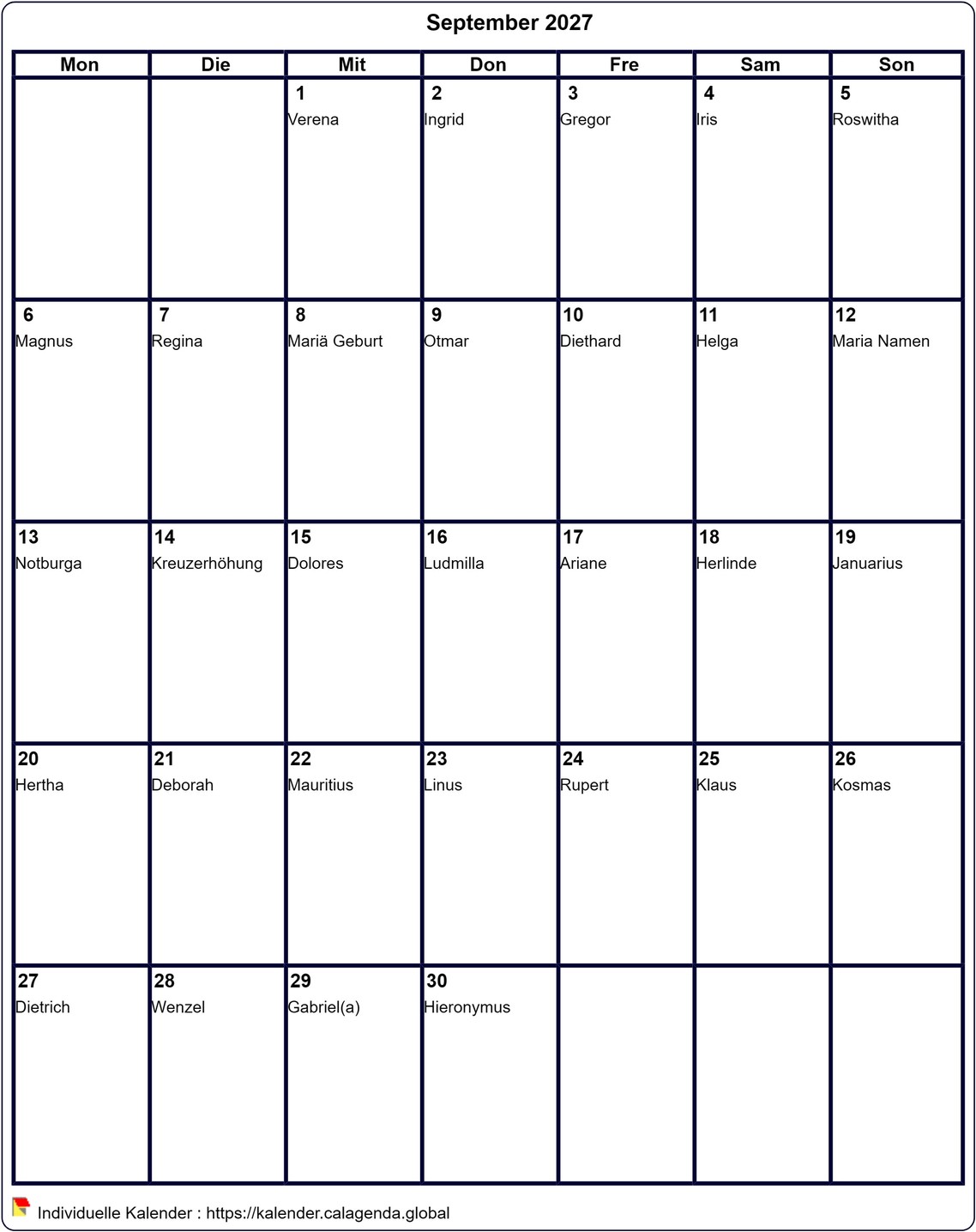 Kalender monatlich 2027 zum Ausdrucken jungfräulich, Format Hochformat
