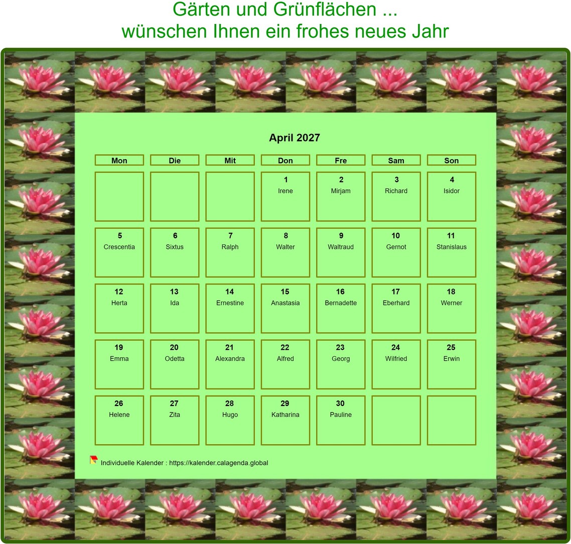 Kalender 2027 dekorative Agenda monatlich, Rahmen mit Seerosenmotiven