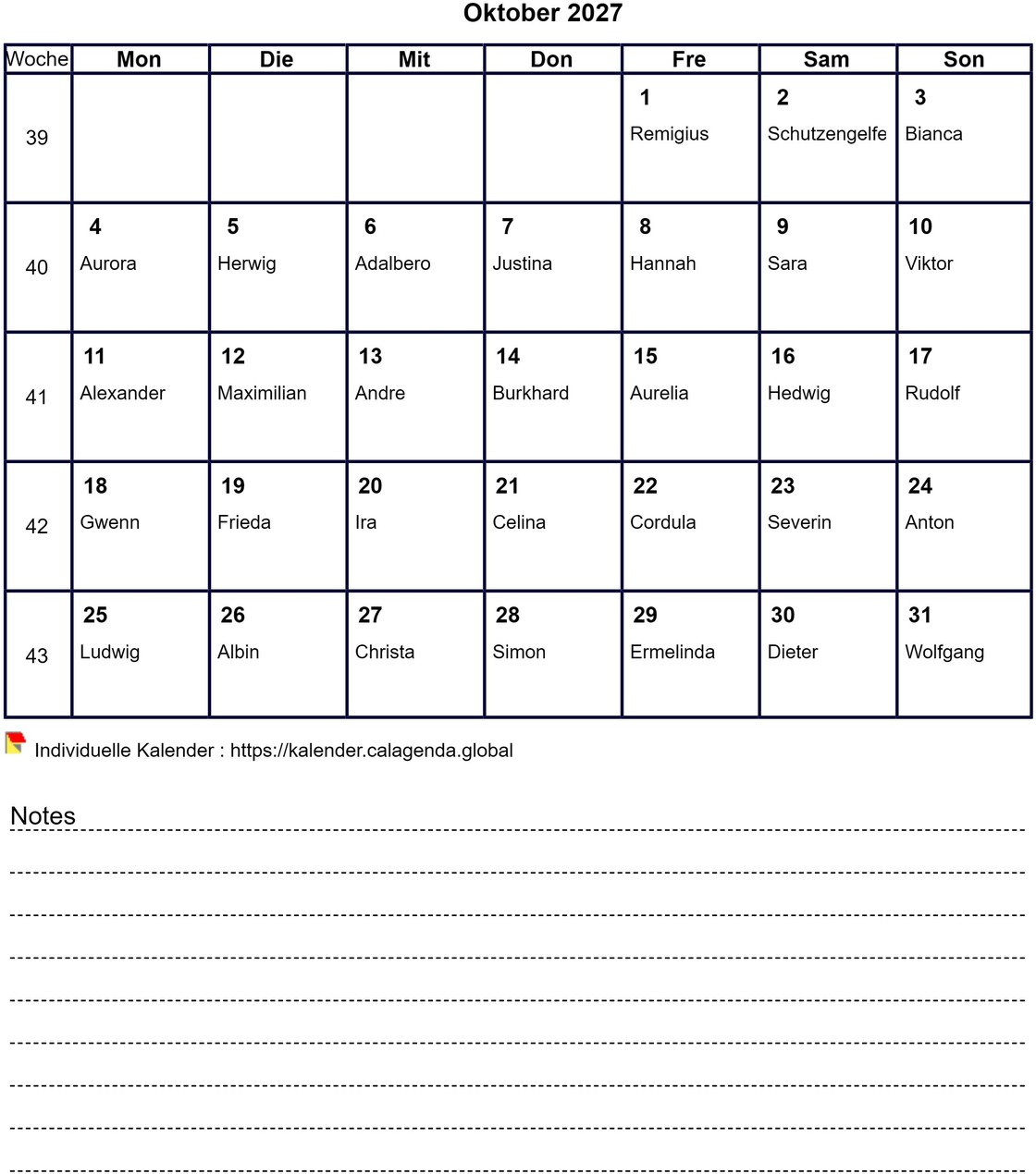 Kalender monatlich 2027 mit Notizen und Wochennummern