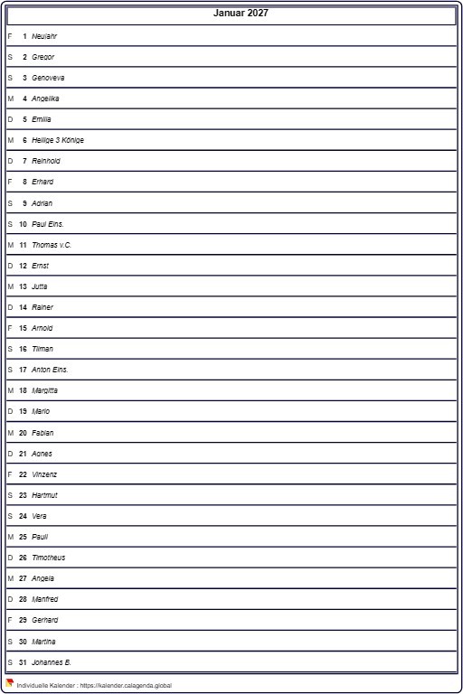 Kalender monatlich 2027, detaillierte Agenda, Format Hochformat