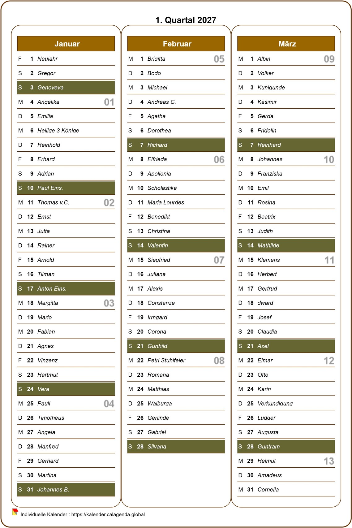 Kalender 2027 vierteljährlich mit ausführlicher Agenda, Format Hochformat, eine Spalte pro Monat