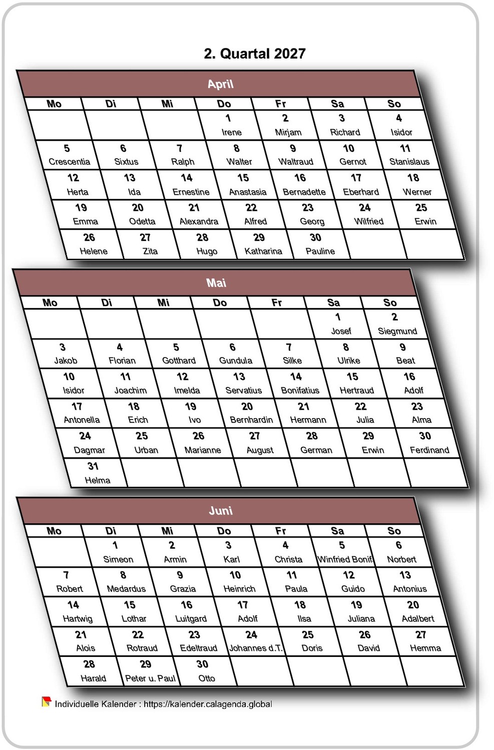 Kalender 2027 vierteljährlich 3D