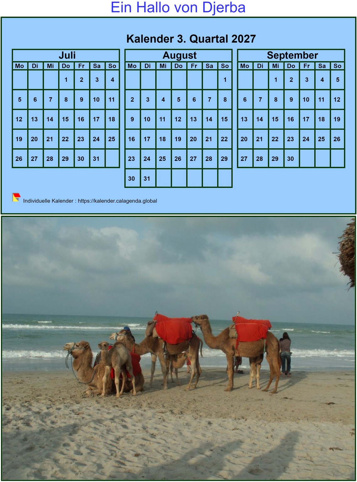 Kalender 2027 zum vierteljährlichen Ausdrucken, kleines Format, blauer Hintergrund, mit Foto