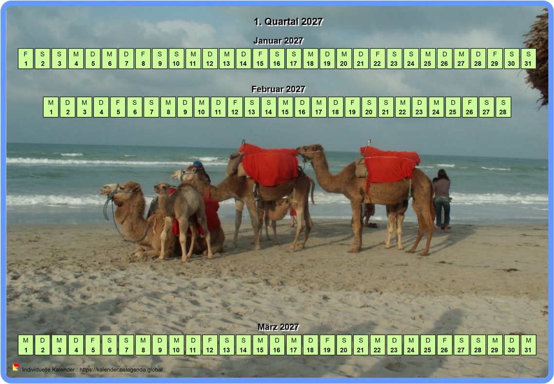 Kalender 2027 vierteljährlich horizontal mit einem Foto im Kalenderhintergrund