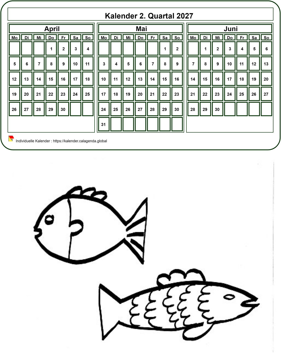 Kalender 2027 zum Ausmalen, vierteljährlich, Format Hochformat, für Kinder