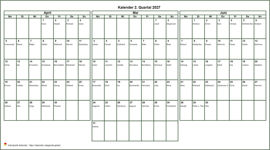 Kalender 2027 zum Drucken vierteljährlich, Format Querformat