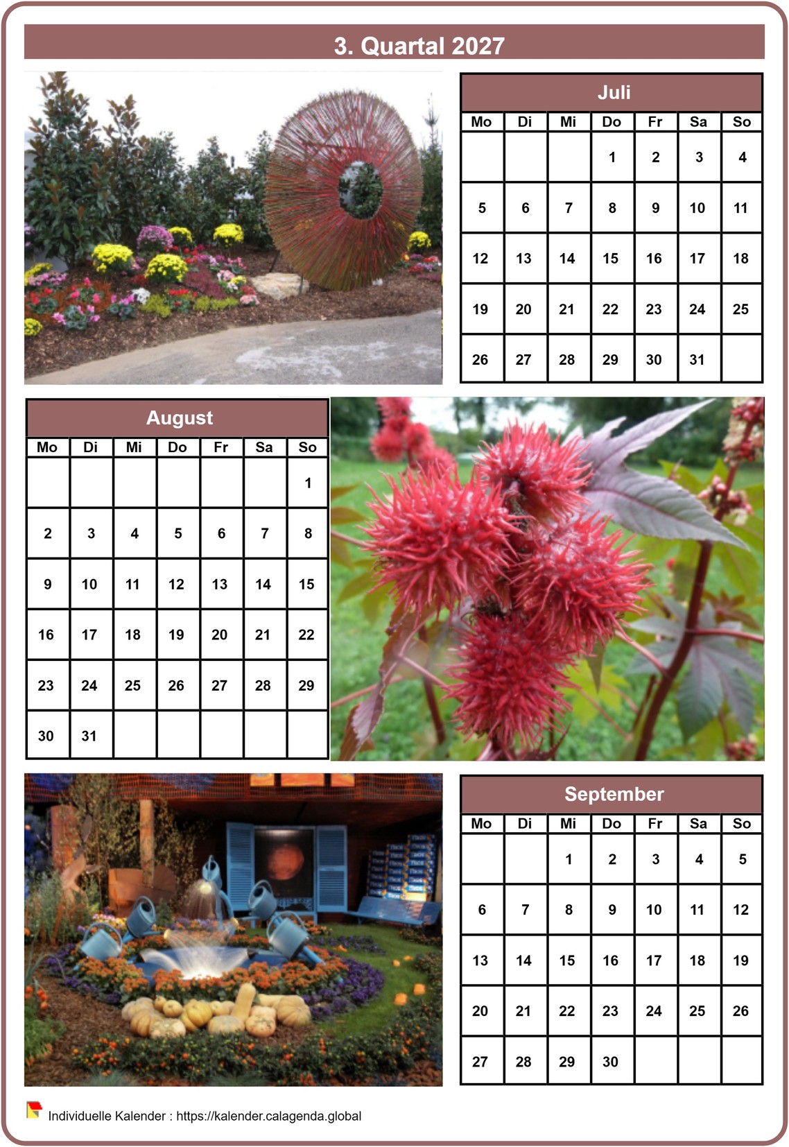 Kalender 2027 vierteljährlich mit jedem Monat einem anderen Foto