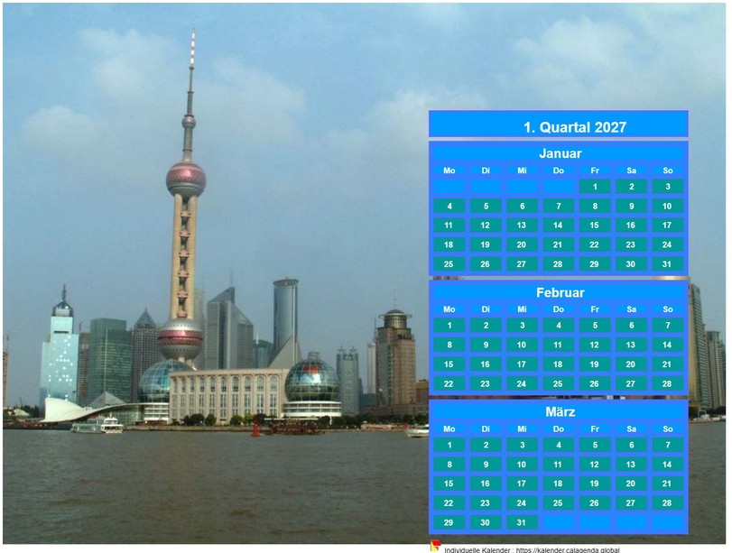 Kalender 2027 zum vierteljährlichen Ausdrucken, Format Querformat, oben rechts ein Foto (Shangaï).
