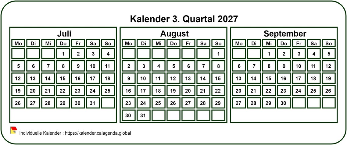 Kalender 2027 zum vierteljährlichen Ausdrucken, kleines Taschenformat, weißer Hintergrund