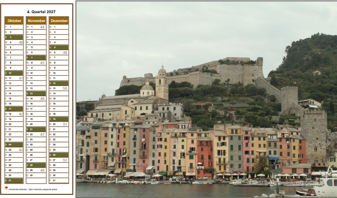 Kalender 2027 zum vierteljährlichen Ausdrucken, Format Querformat, eine Spalte pro Monat, links ein Foto