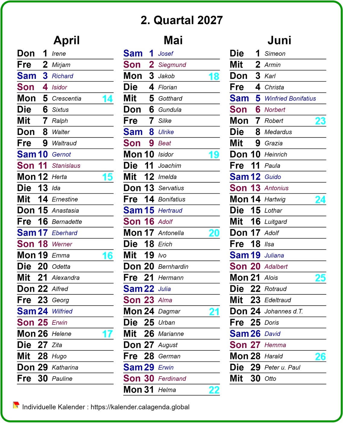 Agenda 2027 vierteljährlich mit verschiedenen Farben des Textes für Samstag und Sonntag