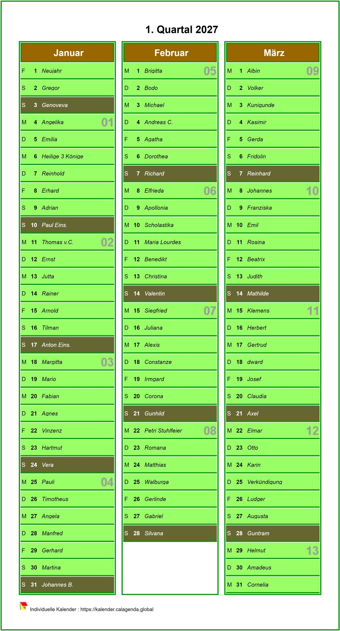 Kalender 2027 mangels Kalender vierteljährliche Agenda, eine Spalte pro Monat