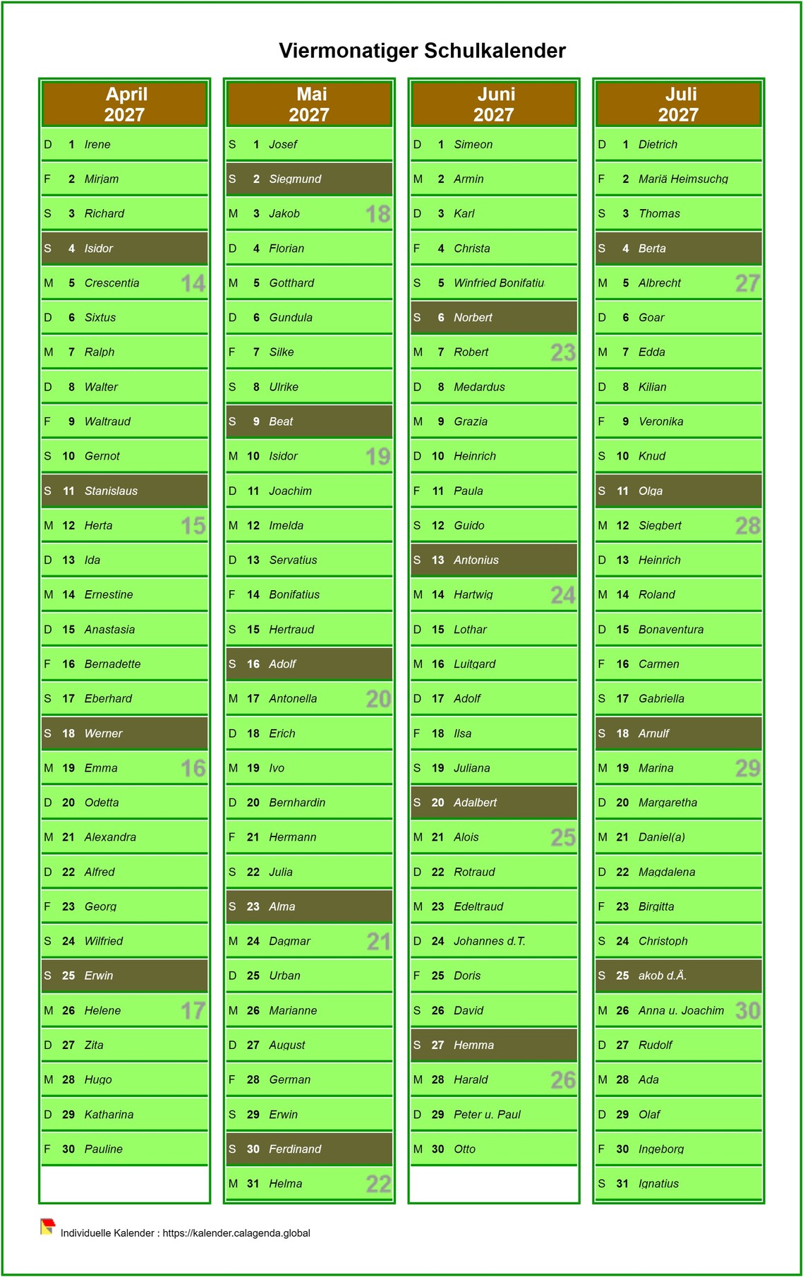 Vorlage für den Kalender der vierteljährlichen Schulagenda, eine Spalte pro Monat