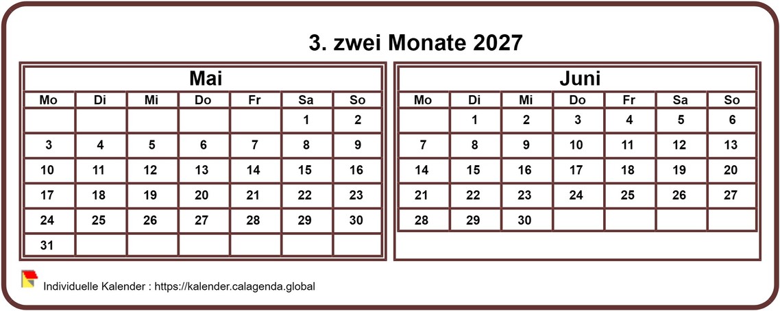 Kalender 2027 zwei Monate, klein horizontal, Taschenformat, weißer Hintergrund