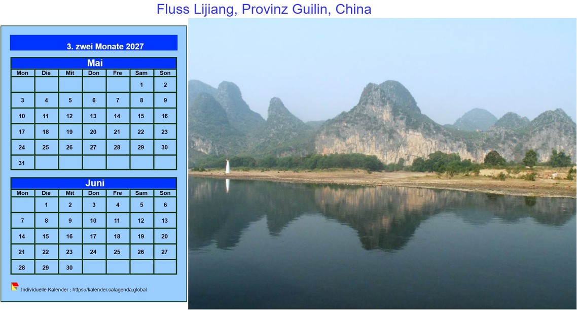 Kalender 2027 dekorativ zum Ausdrucken, zweimonatlich, Format Querformat, mit Foto rechts
