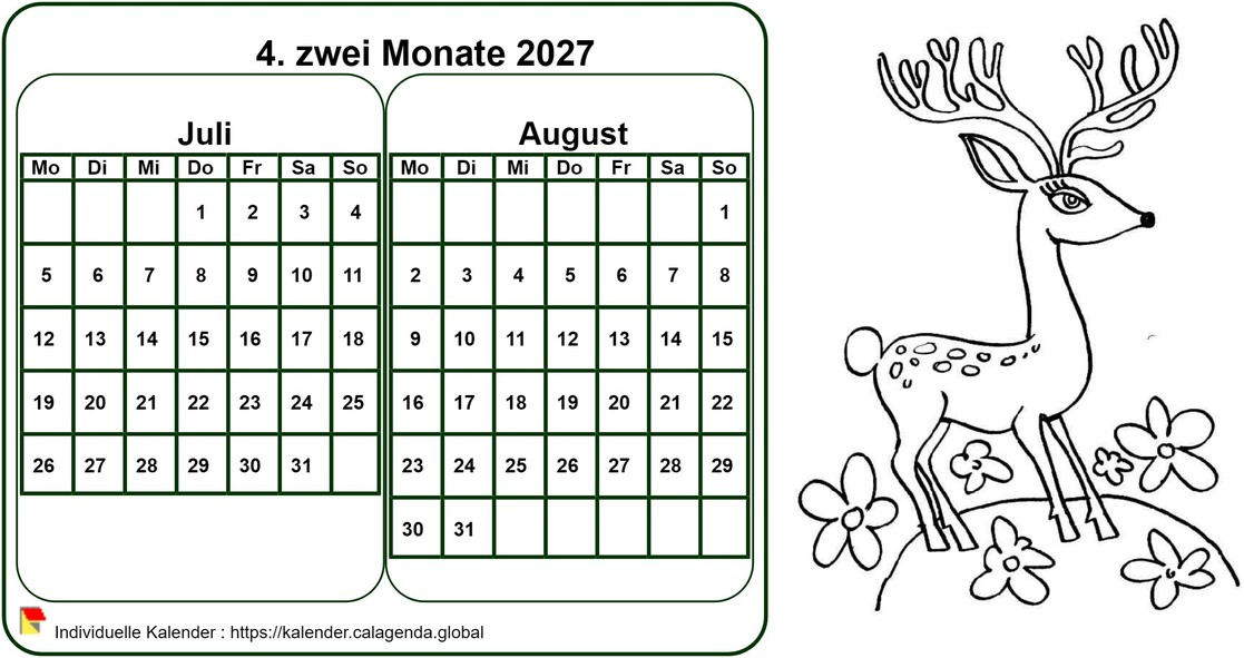 Kalender 2027 zum Ausmalen zweimonatlich, Format Querformat, für Kinder