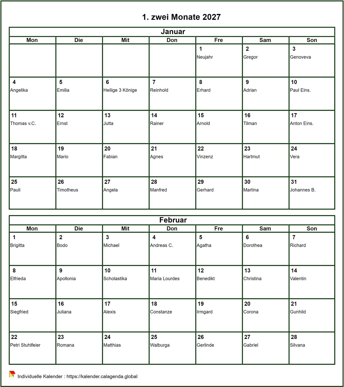 Kalender 2027 14-monatlich, Format Hochformat, mit Namen