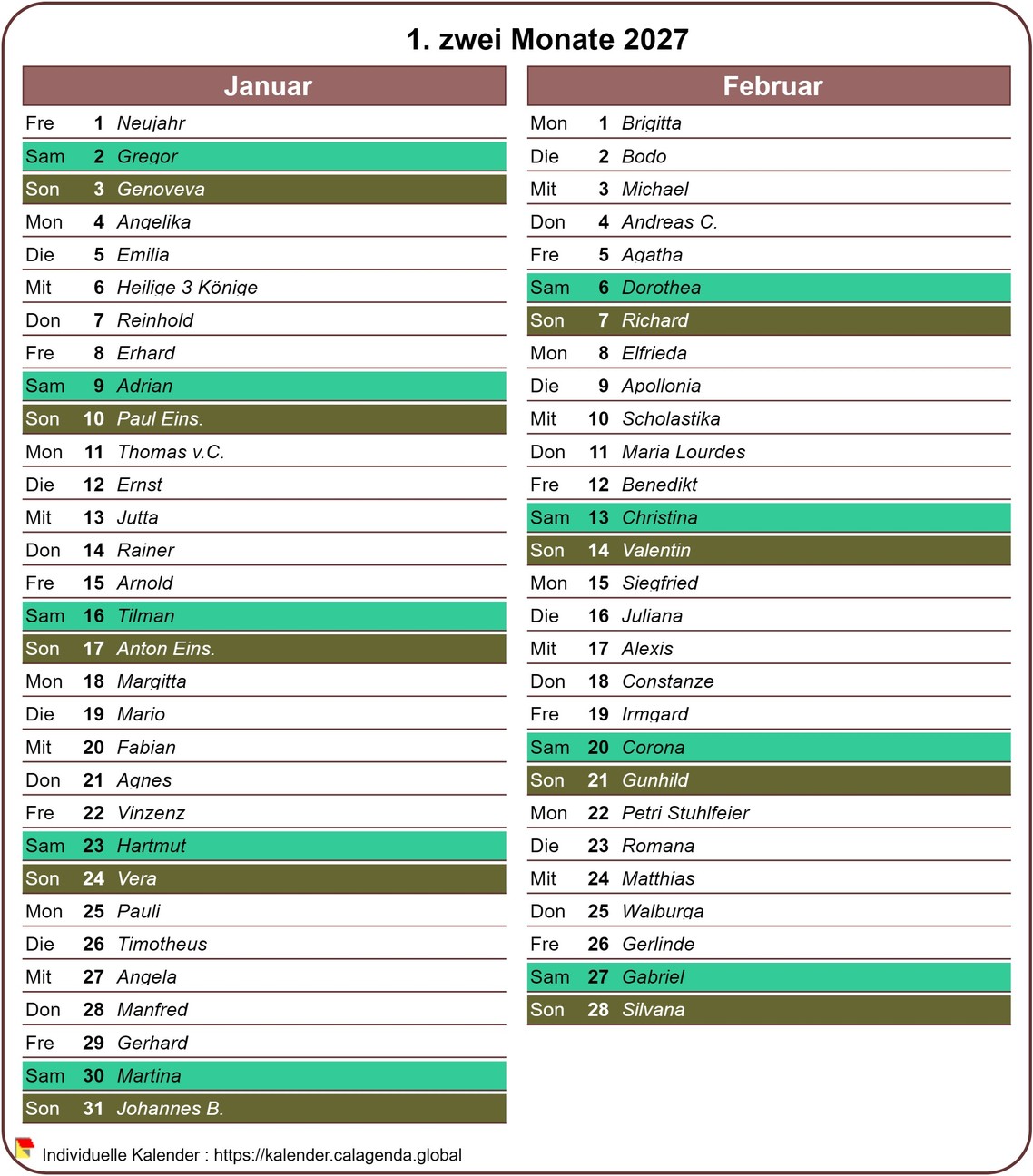 Kalender 2027 zweimonatlich mit ausführlicher Agenda, Format Hochformat, eine Spalte pro Monat
