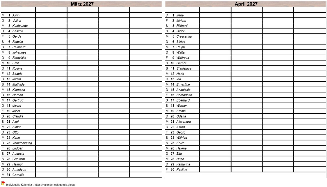 Kalender 2027 virgin Zweimonatsplanung, Format Hochformat, 4 Spalten
