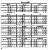 2027 Kalender zum Ausdrucken, Miniformat 3x4