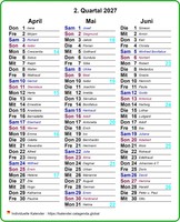 2027 Vierteljahreskalender in Spalten